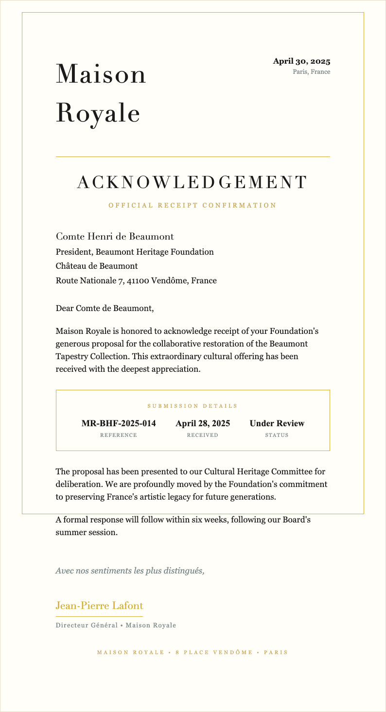 Luxury premium acknowledgement letter